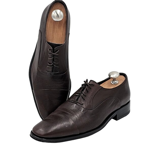 Bruno Magli Italy Men's size 6.5 Dress Shoes Brown Nappa Leather Cap-toe Oxfords - Picture 6 of 13